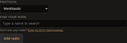 The add-radio form: a protocol dropdown, a find-your-node search box, and an Add radio button.