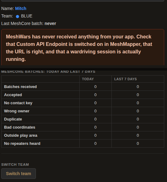 The authenticated setup-check panel: player name and team, last-heard-from timestamp, a diagnosis message, and the diagnostics counters table underneath.