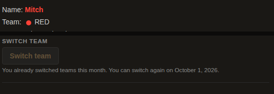The Switch team button greyed out, with the text 'You already switched teams this month. You can switch again on October 1, 2026.'