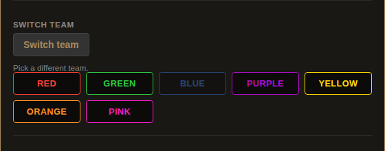 The team picker open below the Switch team button: seven team swatches, the player's current team shown and disabled.