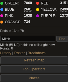 The player-search result: 'Mitch (BLUE) holds no cells right now. Points: 0'.