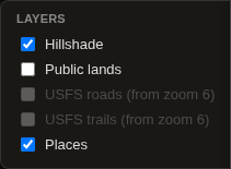 The layers panel: checkboxes for Hillshade (checked), Public lands, USFS roads, USFS trails (both greyed out), and Places (checked).