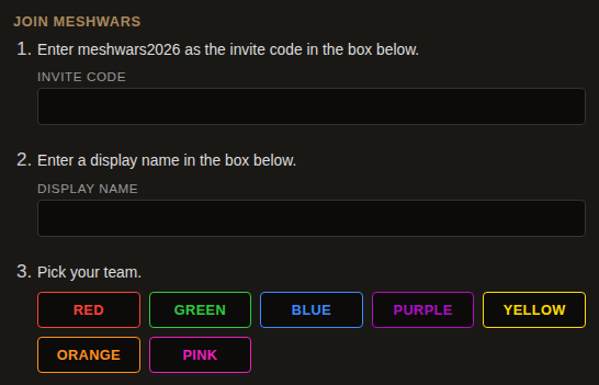 The first three steps on the join page: entering an invite code, a display name, and picking a team from seven colored swatches.