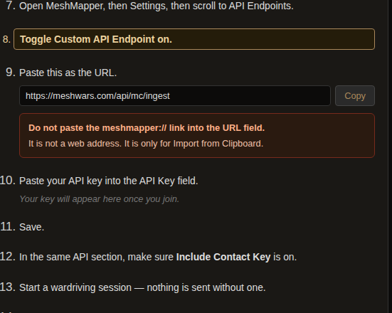 Join page steps 7 through 13: toggling Custom API Endpoint on, pasting the ingest URL, and the bolded instruction to make sure Include Contact Key is on before starting a wardriving session.