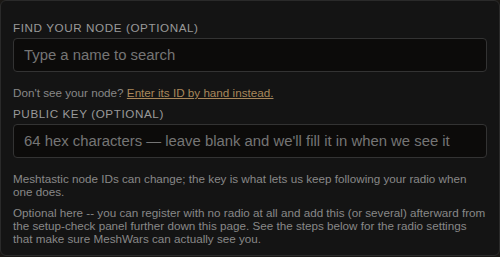 The Meshtastic node picker on the join page: find your node search, manual node-ID entry, and the optional public-key field.